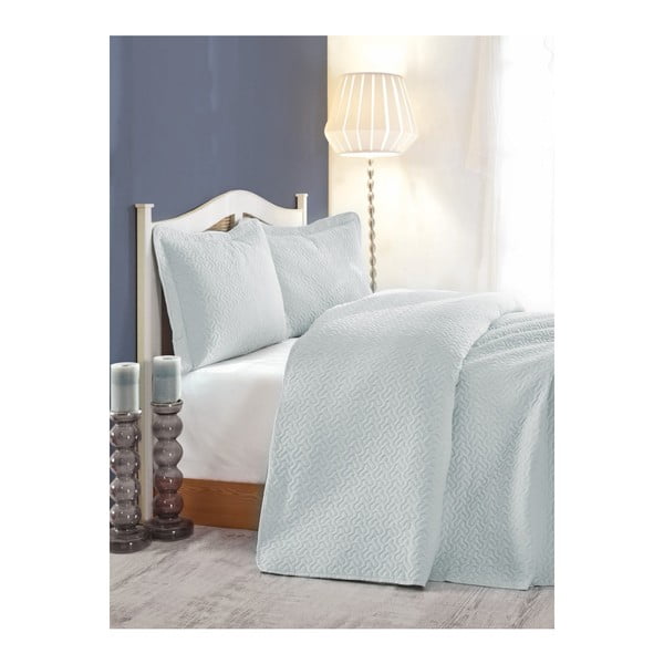 Šviesiai mėlynos spalvos dygsniuotų užvalkalų rinkinys viengulėlei lovai Valerija, 180 x 240 cm
