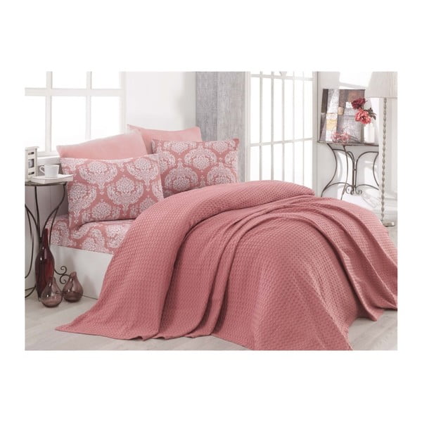 Rausvos medvilninės lovos užvalkalo, paklodės ir 2 pagalvių užvalkalų rinkinys dvivietei lovai Turro Messo, 200 x 235 cm