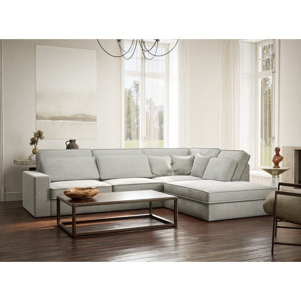 Šviesiai pilkos spalvos kampinė sofa iš šenilinio audinio (su dešiniuoju kampu/„L“ formos) Kirou – Maison de Rêve-image-1