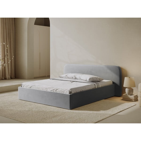 Šviesiai pilkos spalvos dvigulė lova audiniu dengta su sandėliavimo vieta su lovos grotelėmis 180x200 cm Elizabeth – Micadoni -image-1