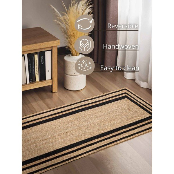 Apverčiamas/rankų darbo juodos spalvos/natūralios spalvos iš džiuto kilimas 80x250 cm Looma – Hanse Home-image-3