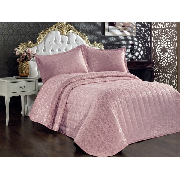 Dygsniuota lovatiesė rožinės spalvos iš medvilnės dvigulei lovai 240x260 cm Bulut – Mijolnir