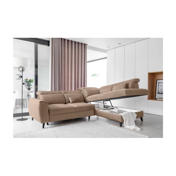 Šviesiai rudos spalvos iš velveto sulankstoma/su sandėliavimo vieta kampinė sofa (su dešiniuoju kampu/„L“ formos) Noble – ELTAP-image-3