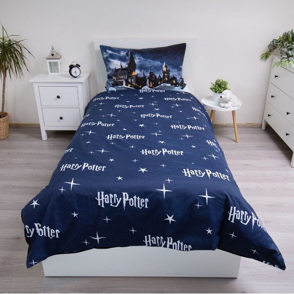 Tamsiai mėlynos spalvos/pilkos spalvos iš mikropluošto viengulė vaikiška patalynė 140x200 cm Harry Potter "Hogwarts Night" – Jerry Fabrics-image-2