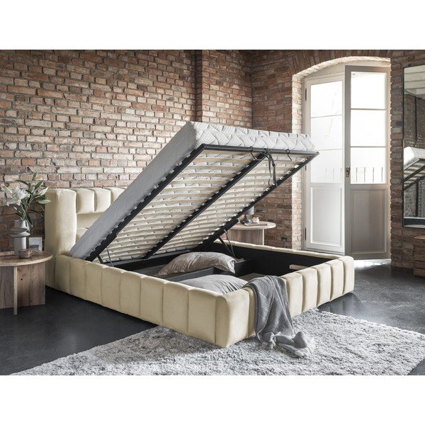 Smėlio spalvos dvigulė lova dengta audiniu su sandėliavimo vieta su lovos grotelėmis 160x200 cm Lamica – ELTAP-image-3