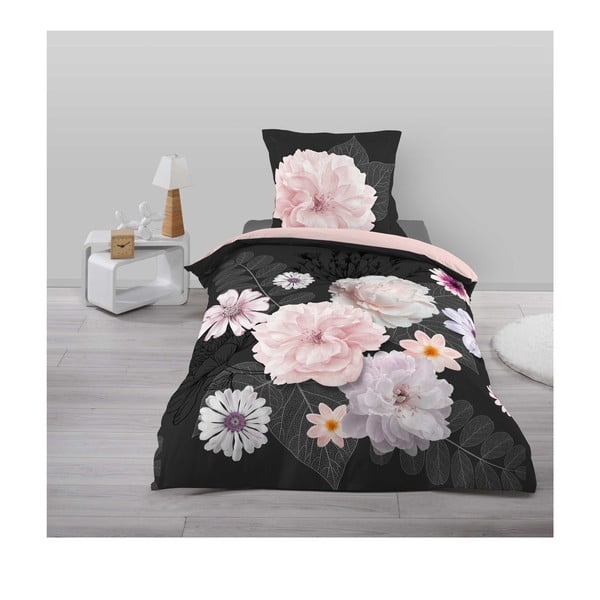Iš medvilnės viengulė patalynė juodos spalvos/rožinės spalvos 140x200 cm Floral – douceur d'intérieur