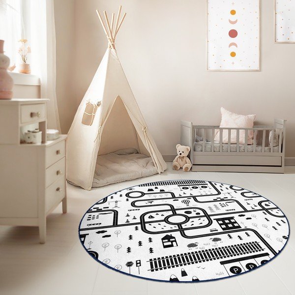 Skalbiamas juodos ir baltos spalvos vaikiškas žaidimų kilimas ø120 cm In My Town – Mila Home-image-2