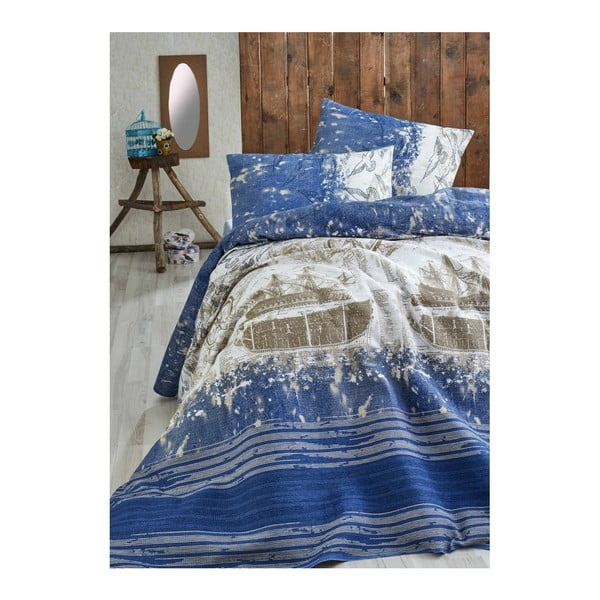 Tamsiai mėlynas lengvas lovos užtiesalas Pusula, 200 x 235 cm