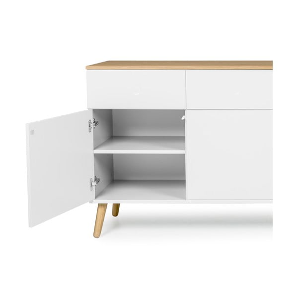 Balta keturių durų spintelė su ąžuolinėmis kojomis ir 4 stalčiais Tenzo Dot-image-3
