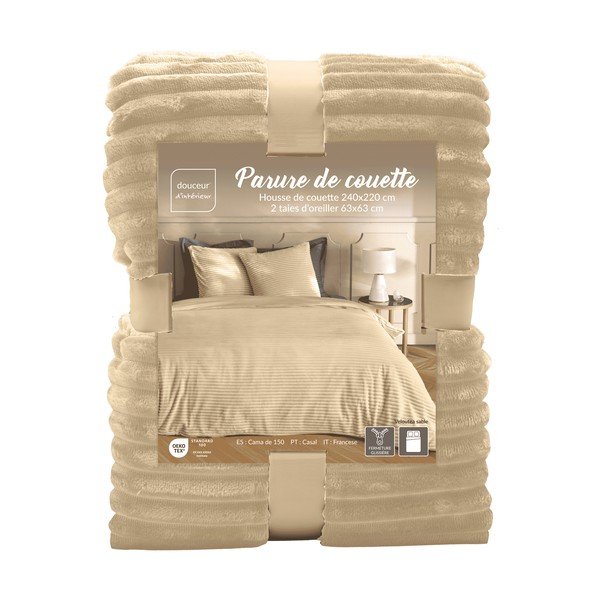 Smėlio spalvos iš flanelės dvigulė/itin ilga patalynė 3 dalių 240x220 cm Veloutea – douceur d'intérieur-image-4