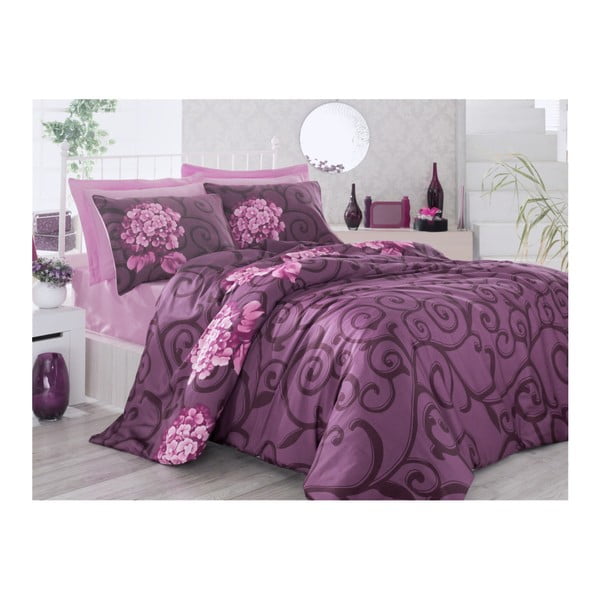 Violetinės spalvos patalynė su paklode dvivietei lovai Buket, 200 x 220 cm