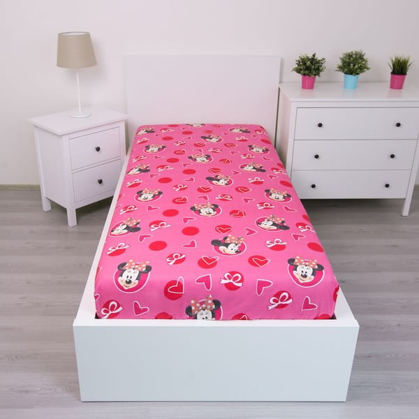 Rožinės spalvos iš medvilnės vaikų patalynė su guma 90x200 cm Minnie "Hearts" – Jerry Fabrics-image-1