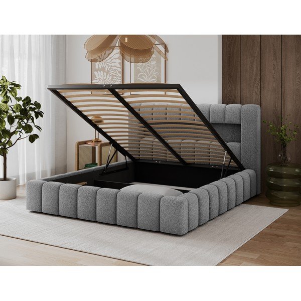 Pilkos spalvos dvigulė lova audiniu dengta su sandėliavimo vieta su lovos grotelėmis 180x200 cm Lamica – ELTAP-image-4