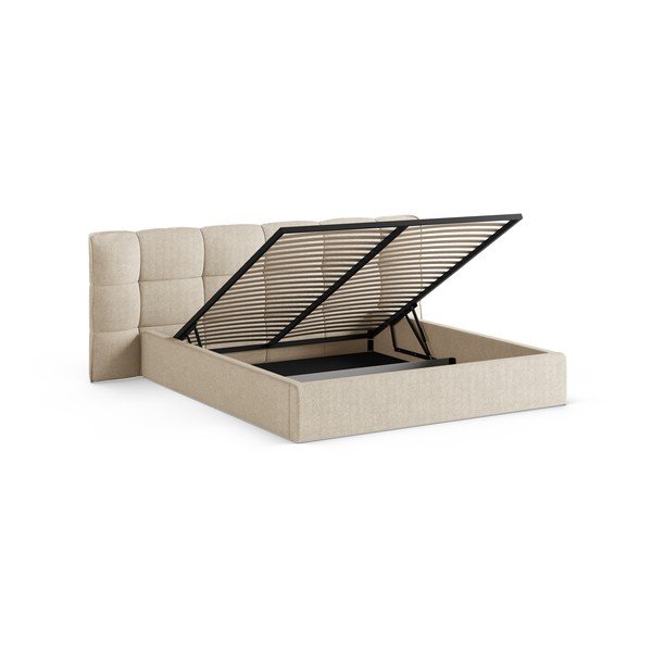 Smėlio spalvos dvigulė lova audiniu dengta su sandėliavimo vieta su lovos grotelėmis 180x200 cm Eric – Micadoni -image-2