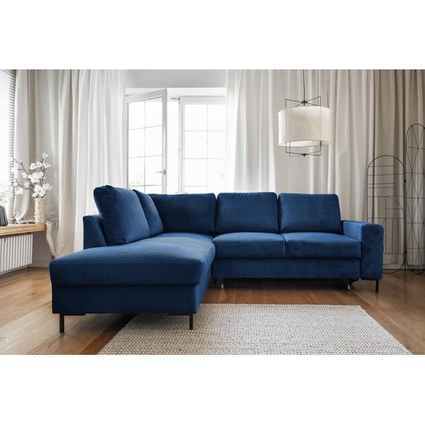 Iš kordinio velveto sulankstoma kampinė sofa tamsiai mėlynos spalvos (su kairiuoju kampu) Lofty Lilly – Miuform-image-1
