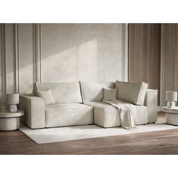 Kreminės spalvos sulankstoma/su sandėliavimo vieta kampinė sofa iš kordinio velveto (su dešiniuoju kampu/„L“ formos) Tonga – Maison de Rêve-image-4