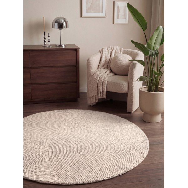 Rankų darbo šviesios natūralios spalvos iš vilnos apvalios formos kilimas ø 120 cm Calmio – Hanse Home-image-1