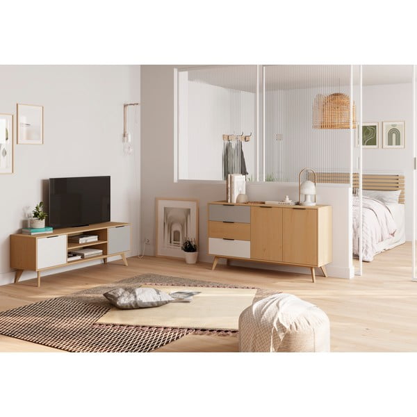 Natūralios spalvos ąžuolo dekoro žema komoda 140x81 cm Elfa - Marckeric-image-1