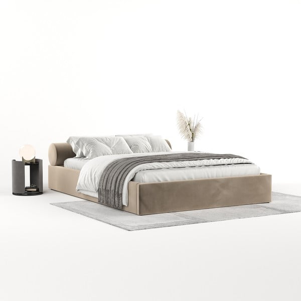 Šviesiai rudos spalvos dvigulė lova audiniu dengta su sandėliavimo vieta su lovos grotelėmis 140x200 cm Solvo – Maison de Rêve-image-2