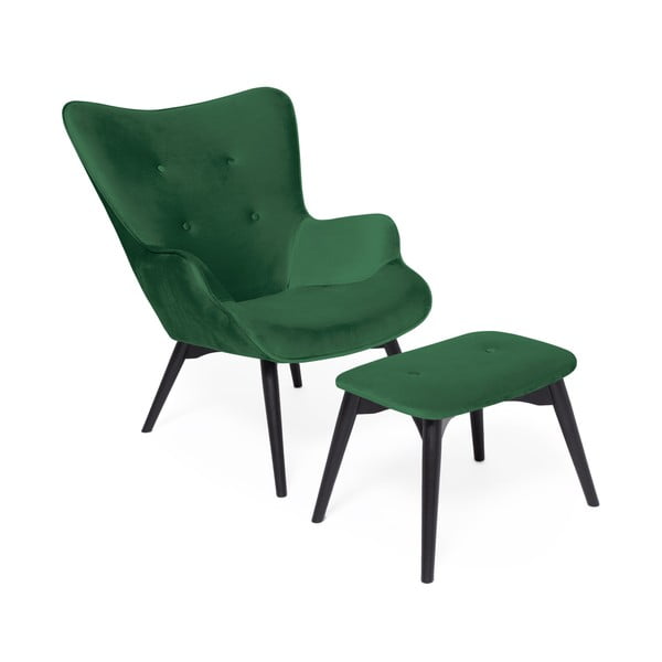 Smaragdinės žalios spalvos fotelis ir kojų pakojis su juodu pagrindu "Vivonita Cora Velvet