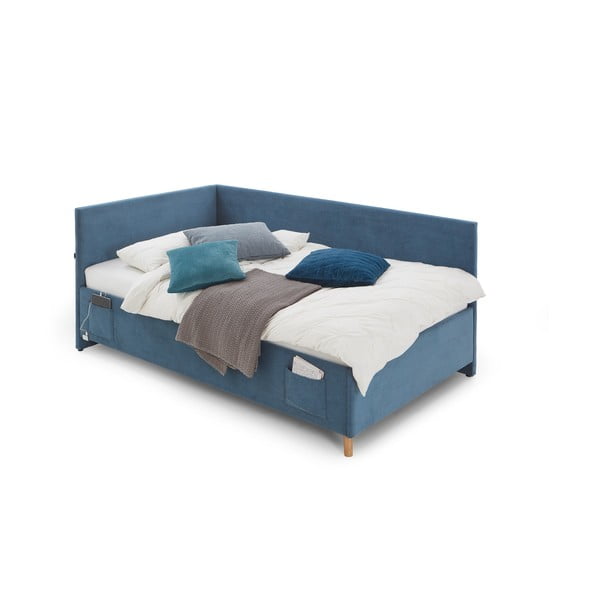 Mėlynos spalvos kampinė iš audinio vaikiška lova su sandėliavimo vieta su lovos grotelėmis 140x200 cm Cool – Meise Möbel-image-3