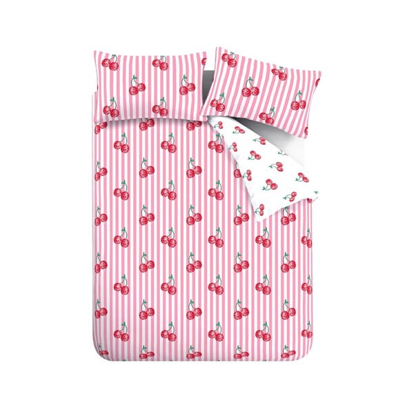 Baltos spalvos/rožinės spalvos dvigulė patalynė 200x200 cm Disco Cherries Stripes – Catherine Lansfield