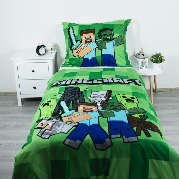 Žalios spalvos iš mikropluošto viengulė vaikiška patalynė 140x200 cm Minecraft Block Stack – Jerry Fabrics-image-1