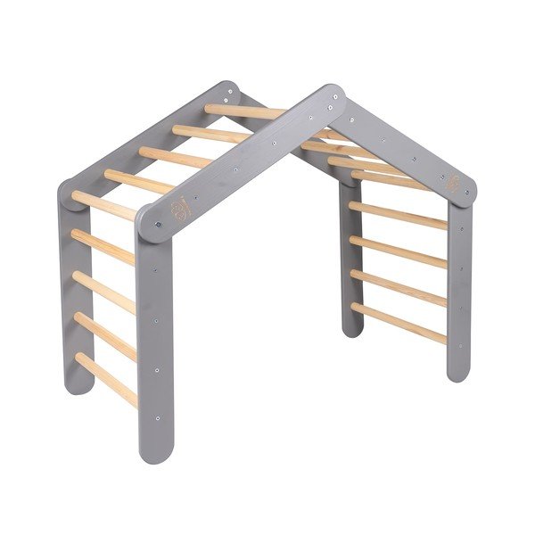 Pilkos spalvos laipiojimo trikampis iš pušies masyvo 61x112x94 cm Montessori – Meowbaby