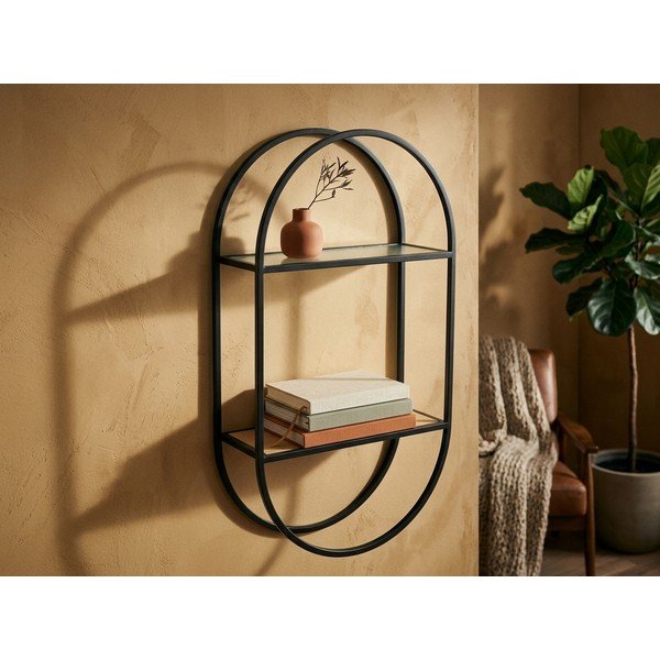 Juodos spalvos/natūralios spalvos iš metalo kelių aukštų sieninė lentyna 35 cm Mataram – Premier Housewares-image-1