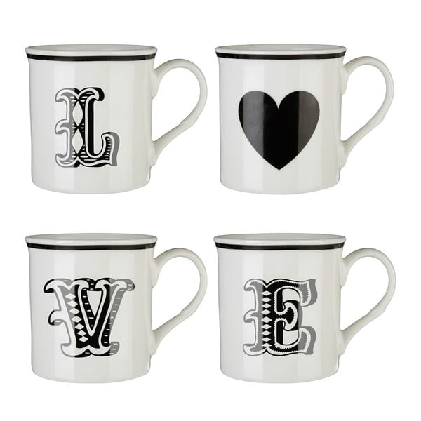 4 juodai baltų puodelių rinkinys Premier Housewares Love