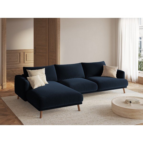 Tamsiai mėlynos spalvos kampinė sofa iš velveto (su kairiuoju kampu/su gultu) Naomi – Micadoni -image-1