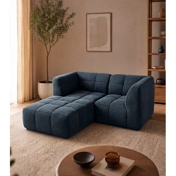 Mėlynos spalvos kampinė sofa iš velveto (su kairiuoju kampu/su gultu) Aloha – Makamii-image-1