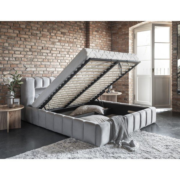 Šviesiai pilkos spalvos dvigulė lova dengta audiniu su sandėliavimo vieta su lovos grotelėmis 140x200 cm Lamica – ELTAP-image-3