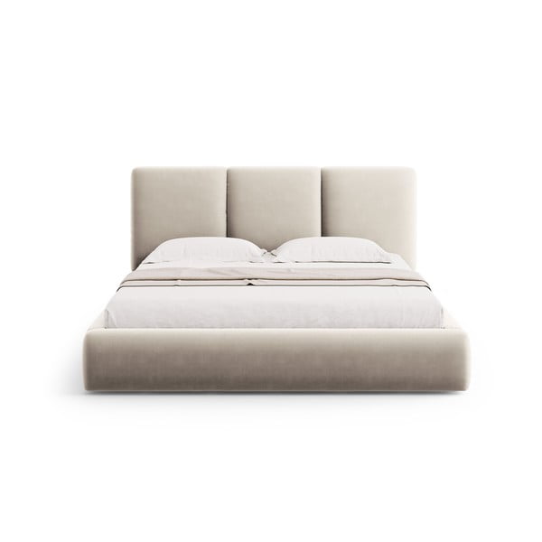 Iš aksomo dvigulė lova kreminės spalvos audiniu dengta su sandėliavimo vieta su lovos grotelėmis 200x200 cm Brody – Mazzini Beds-image-2