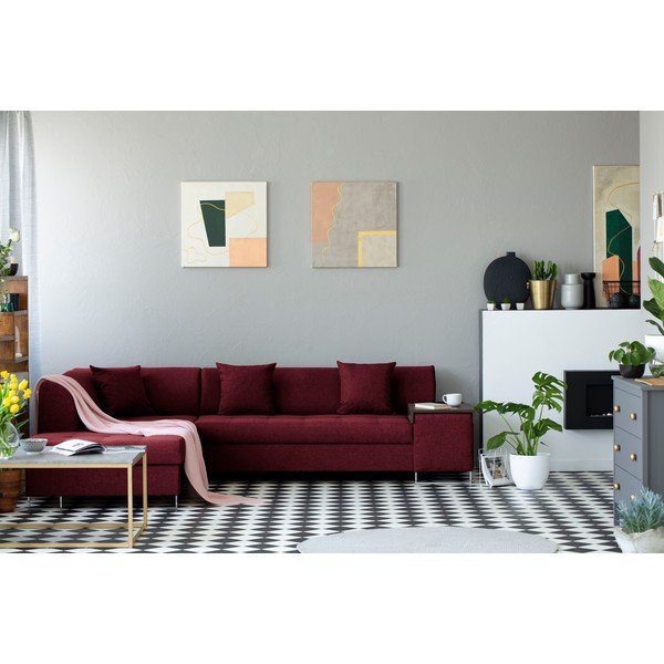 Raudona kampinė sofa-lova su sidabrinėmis kojelėmis "Cosmopolitan Design Orlando", kairysis kampas-image-1