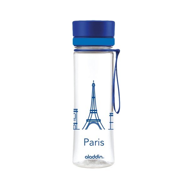Vandens buteliukas su mėlynu dangteliu ir "Aladdin Aveo Limited Paris" spauda, 600 ml