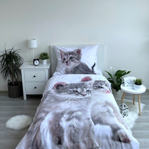 Baltos spalvos/pilkos spalvos iš medvilnės viengulė vaikiška patalynė 140x200 cm Kitten "Grey" – Jerry Fabrics-image-1