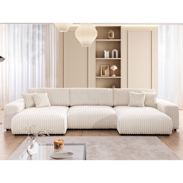 Kreminės spalvos sulankstoma ir su sandėliavimo vieta kampinė sofa iš kordinio velveto („U“ formos) Sarina – Ropez-image-1