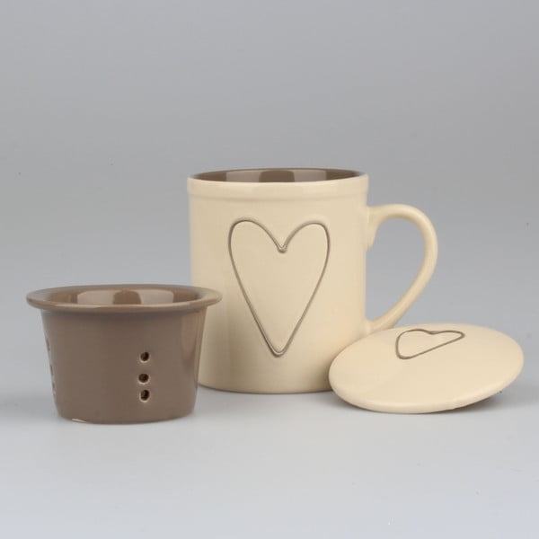 Rankomis dekoruotas smėlio spalvos keraminis puodelis su arbatos sieteliu "Dakls Heart", 325 ml