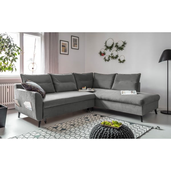 Šviesiai pilkos spalvos aksominė kampinė sofa-lova Miuform Stylish Stan L, dešinysis kampas-image-3