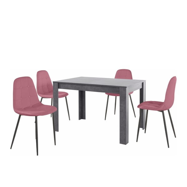 Pilkos spalvos valgomojo stalo ir 4 rausvų valgomojo kėdžių komplektas "Støraa Lori Lamar
