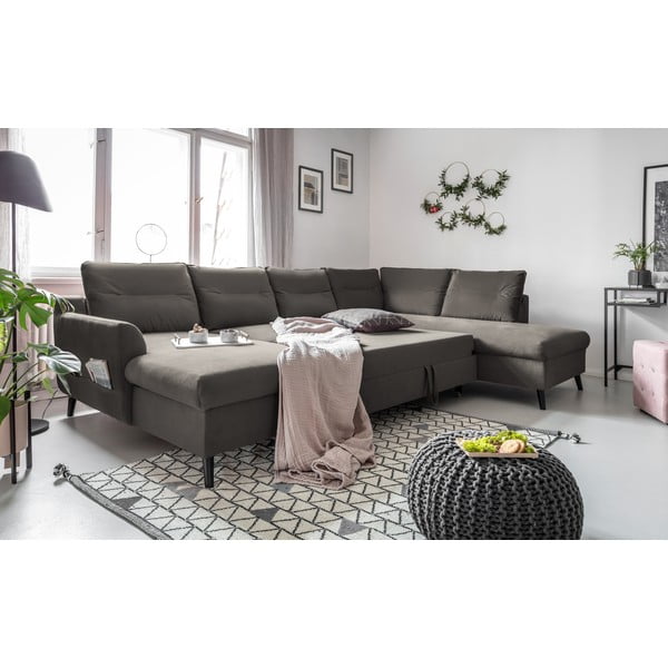 Tamsiai pilka velvetinė U formos sofa-lova Miuform Stylish Stan, dešinysis kampas-image-4