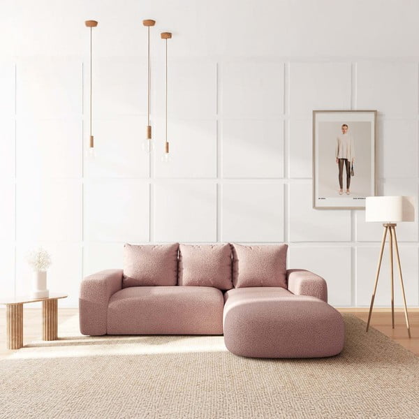 Rožinės spalvos iš boucle kampinė sofa (su dešiniuoju kampu/su gultu) Monce – Rodier-image-1