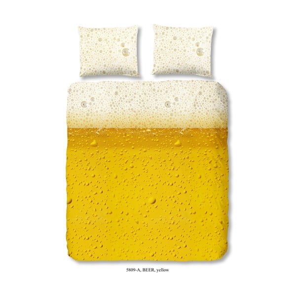 Geltonos spalvos medvilninė viengulė patalynė "Good Morning Beer", 135 x 200 cm