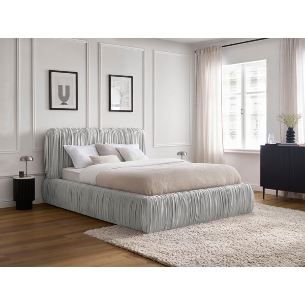 Dvigulė lova pilkos spalvos audiniu dengta su sandėliavimo vieta su lovos grotelėmis 160x200 cm Blair – Bobochic Paris-image-1