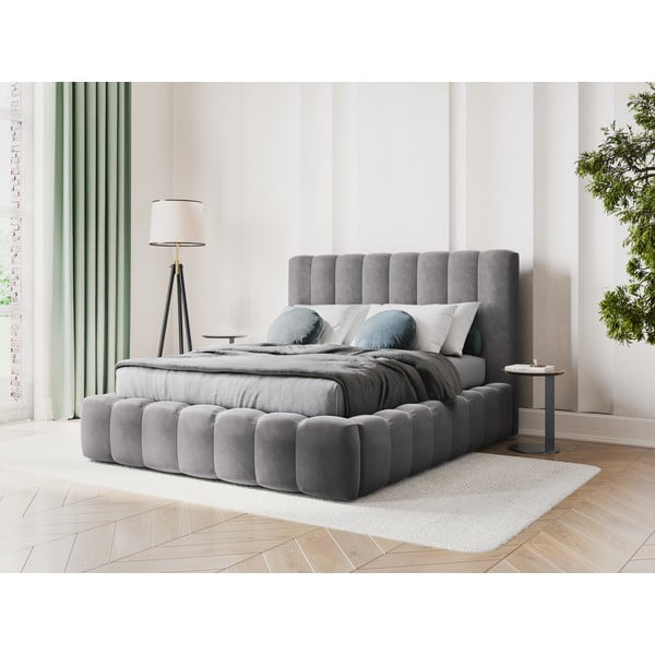 Pilka minkšta dvigulė lova su daiktadėže ir tinkleliu 200x200 cm Kelp - Micadoni Home-image-1