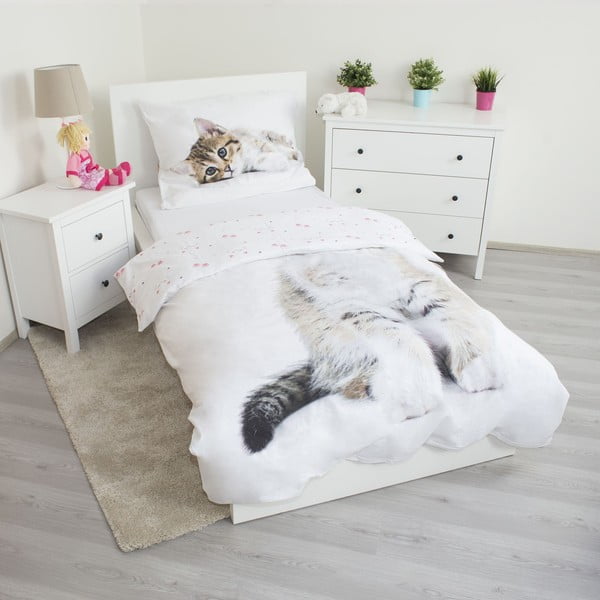 Baltos spalvos iš medvilnės viengulė vaikiška patalynė 140x200 cm Kitten – Jerry Fabrics-image-2