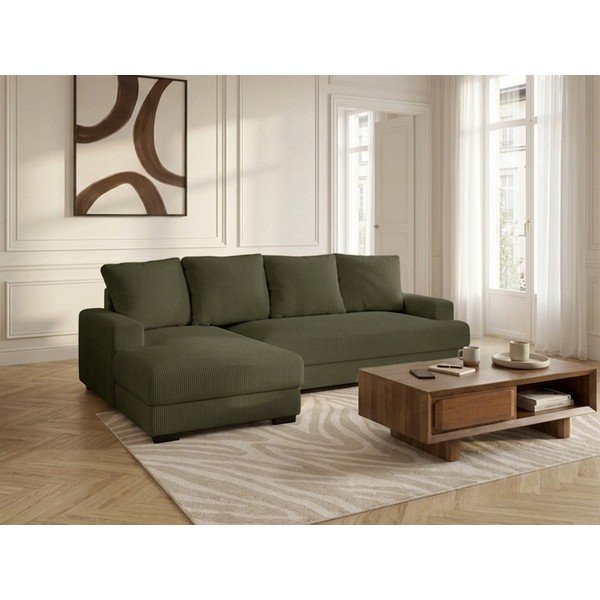 Žalios spalvos sulankstoma/su sandėliavimo vieta kampinė sofa iš kordinio velveto (su kairiuoju kampu/su gultu) Campi – Bobochic Paris-image-1
