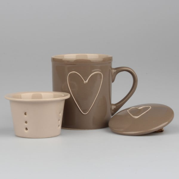 Rankomis dekoruotas rudos spalvos keraminis puodelis su arbatos sieteliu "Dakls Heart", 325 ml