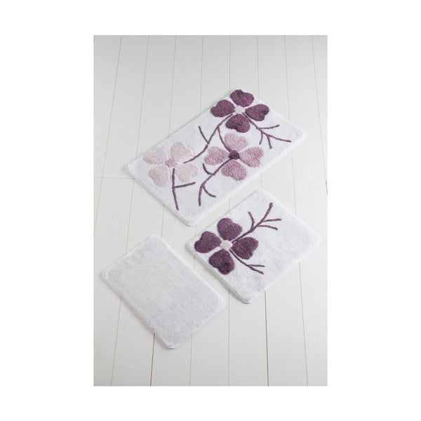3 violetinės ir baltos spalvos vonios kambario kilimėlių rinkinys Gėlės